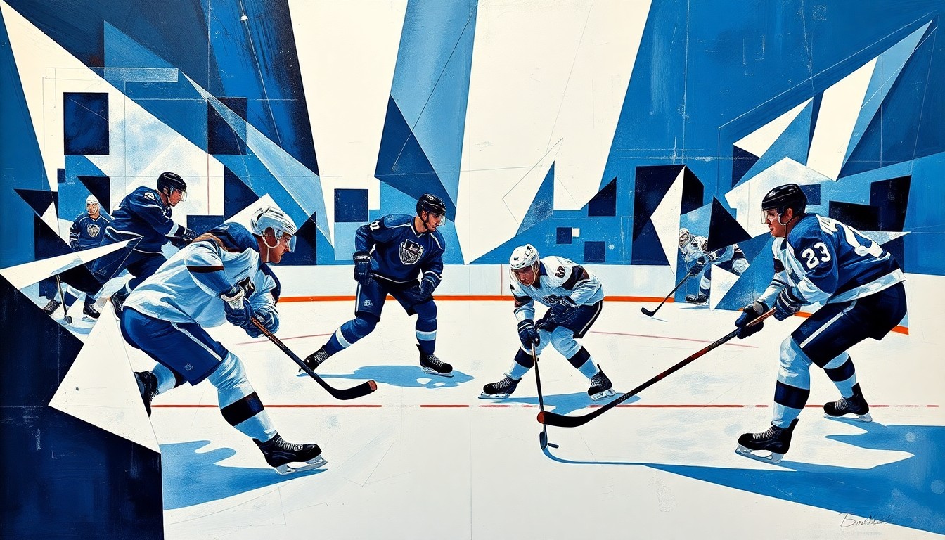 A fractured, cubist-style painting depicting the dynamic movements and energy of a college hockey game, with the players' forms abstracted into sharp, overlapping geometric shapes in a palette of deep blues, bright whites, and metallic silvers.