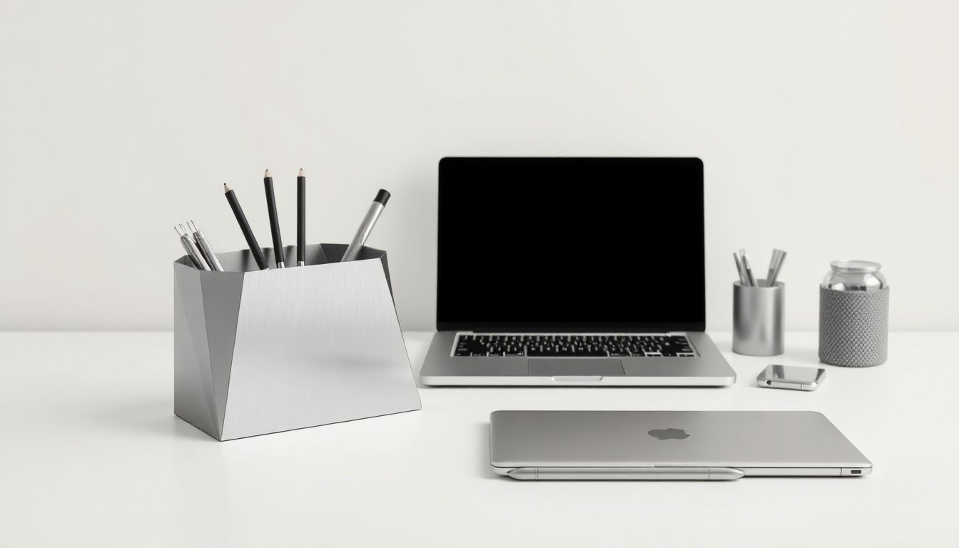 A high-end, photorealistic studio still-life photograph featuring a polished, geometric desk organizer, a sleek laptop, and a few carefully arranged office supplies in a muted color palette of grays and silvers, all set against a clean, white background, conceptually representing the modern, technology-driven nature of the new jobs and workspace being created.