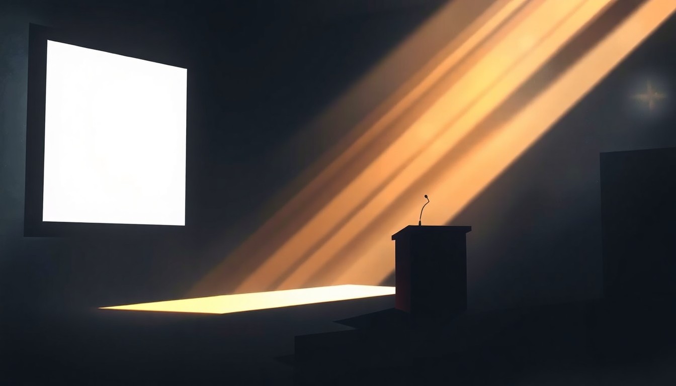 A cinematic painting of a solitary podium in a dimly lit convention hall, with warm sunlight and deep shadows creating a sense of quiet contemplation and political introspection.