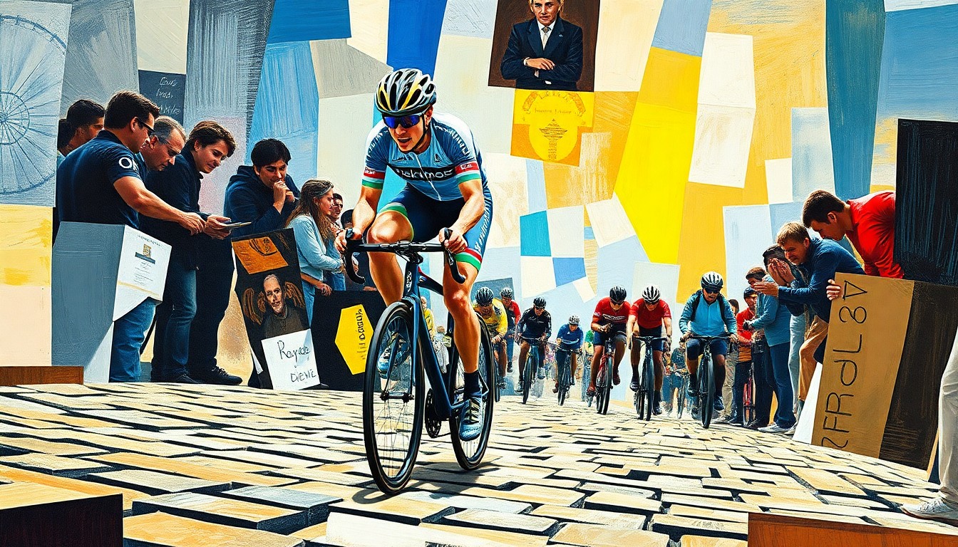 A cubist-style painting depicting a professional cyclist navigating the cobblestones of Paris-Roubaix, with the rider and their bike broken down into sharp, overlapping geometric planes.