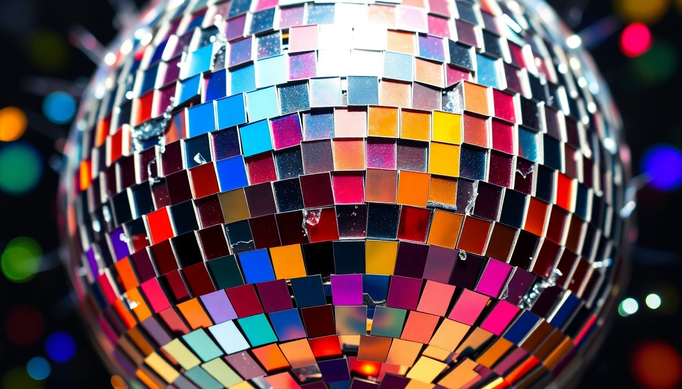 An extreme close-up of a shattered disco ball reflecting a kaleidoscope of vibrant colors, capturing the raw energy and emotional depth of the Red Hot Chili Peppers' musical journey.