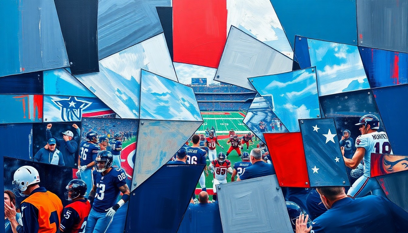 A cubist, geometric painting depicting fragmented and overlapping shapes in navy blue, silver, and red, representing the complex and multifaceted nature of the Raiders' draft strategy.