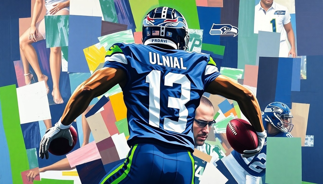 A cubist, geometric painting depicting a football player in motion, with their jersey number obscured and the background composed of the Seahawks' official colors, conceptually representing the team's strategic approach to building depth at the wide receiver position.
