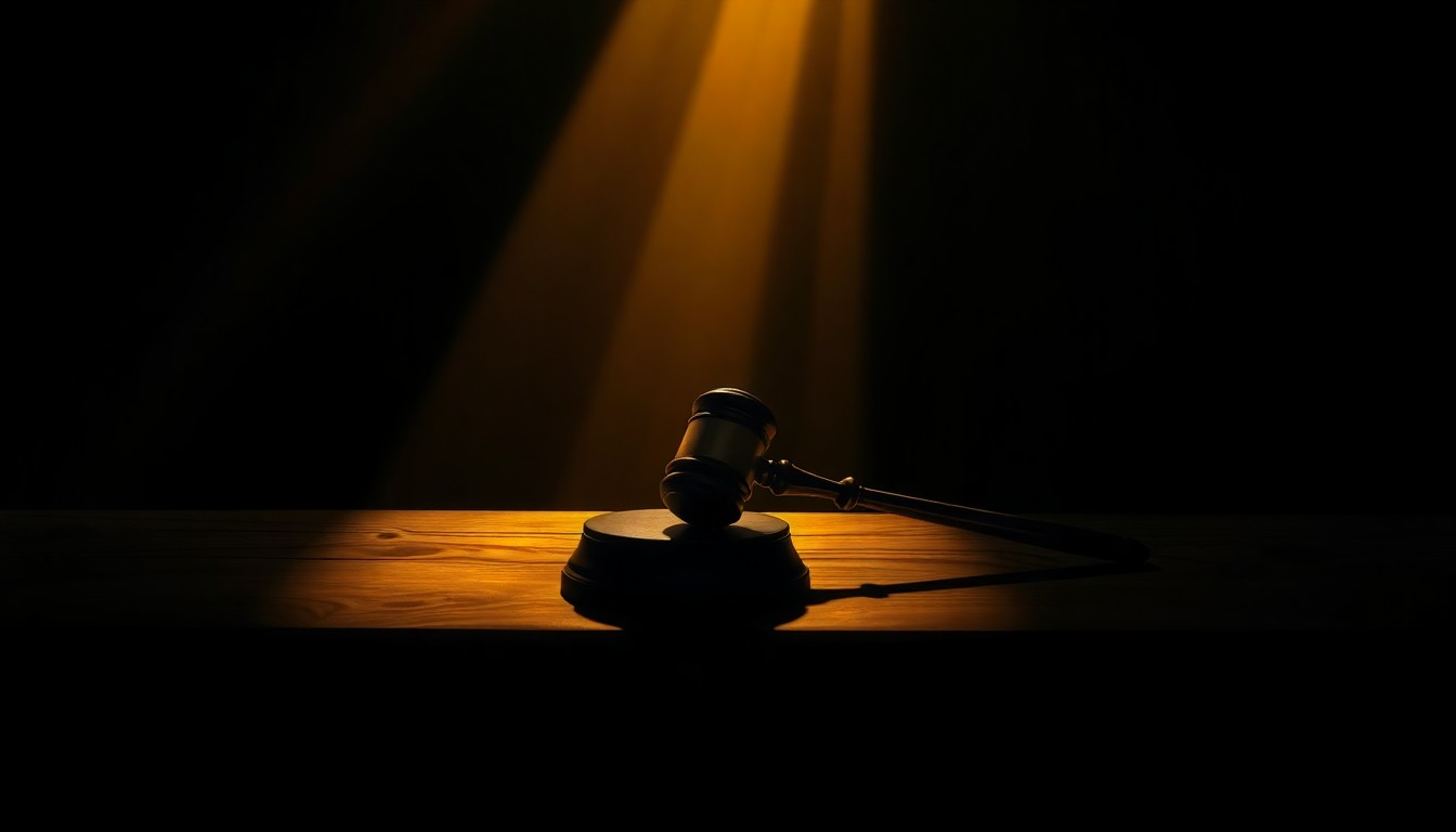 A moody, cinematic painting of a lone Supreme Court gavel resting on a wooden bench, the scene bathed in warm, dramatic lighting and deep shadows, conveying a sense of contemplation and the weight of the judicial system.
