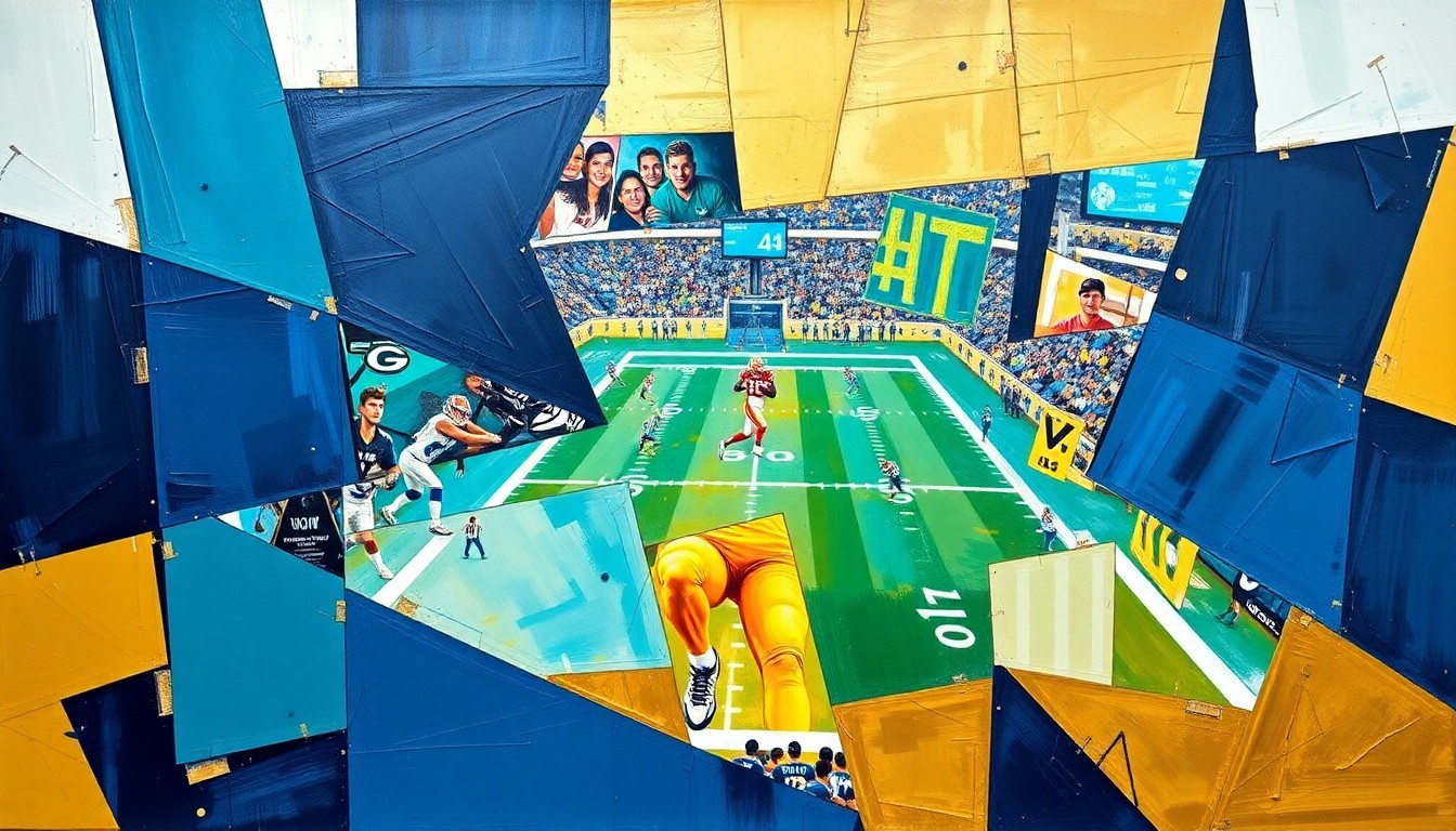 A cubist, geometric painting depicting fragmented, overlapping shapes and planes in navy blue, teal, and gold, representing the complex decisions facing the Jaguars' front office as they prepare for the upcoming NFL Draft.
