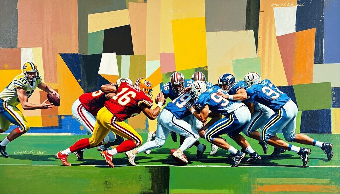 A conceptual illustration in the cubist style, featuring fragmented geometric shapes and planes that abstractly represent a defensive line play or football action, conveying the raw energy and intensity of the sport.