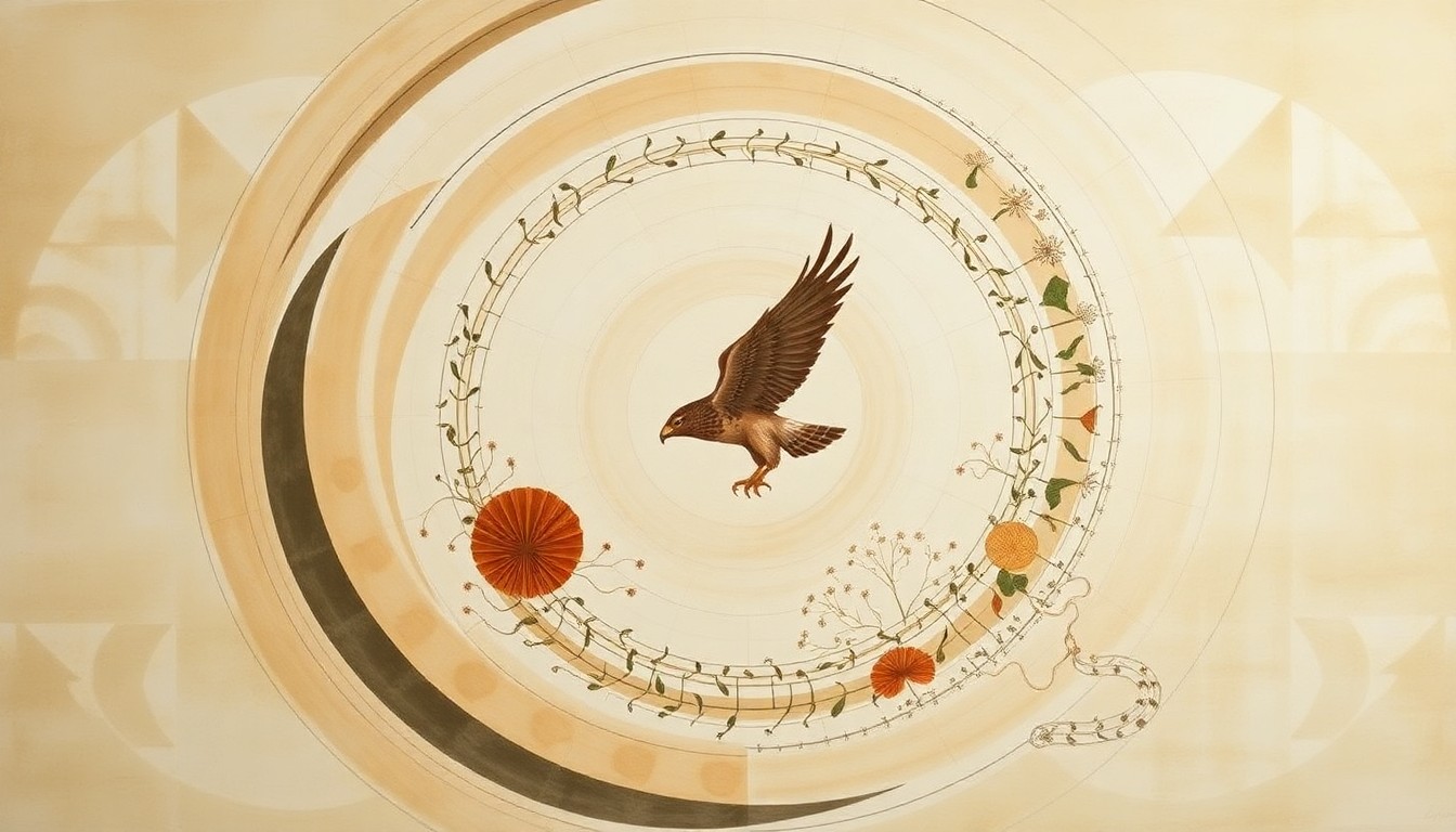 A bold, abstract painting in earthy tones featuring sweeping geometric arcs, concentric circles, and precise botanical spirals, conceptually representing the intricate process of rescuing a trapped hawk from a car grille.