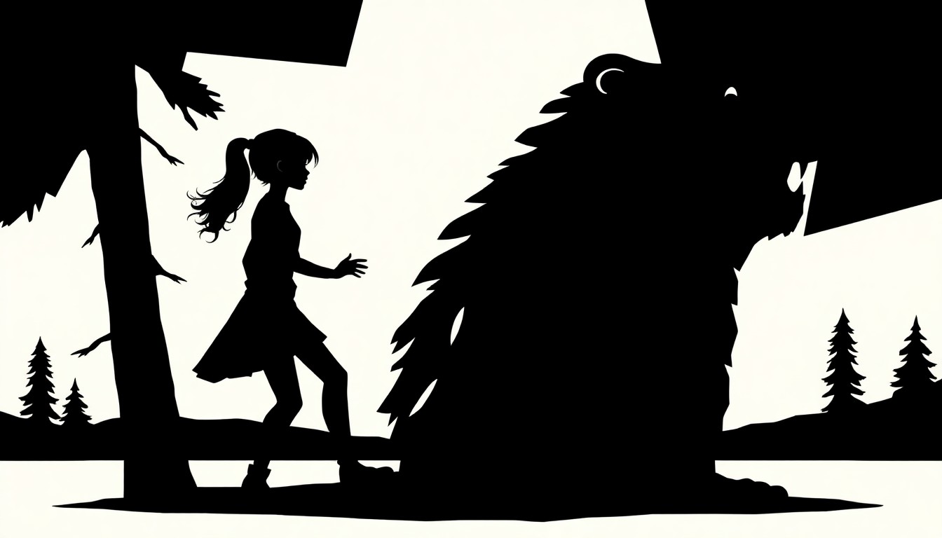 A minimalist, abstract illustration featuring stark black silhouettes and geometric shapes, representing the central character of a teenage girl transforming into a robotic beaver, conveying a sense of adventure and the blending of human and animal worlds.