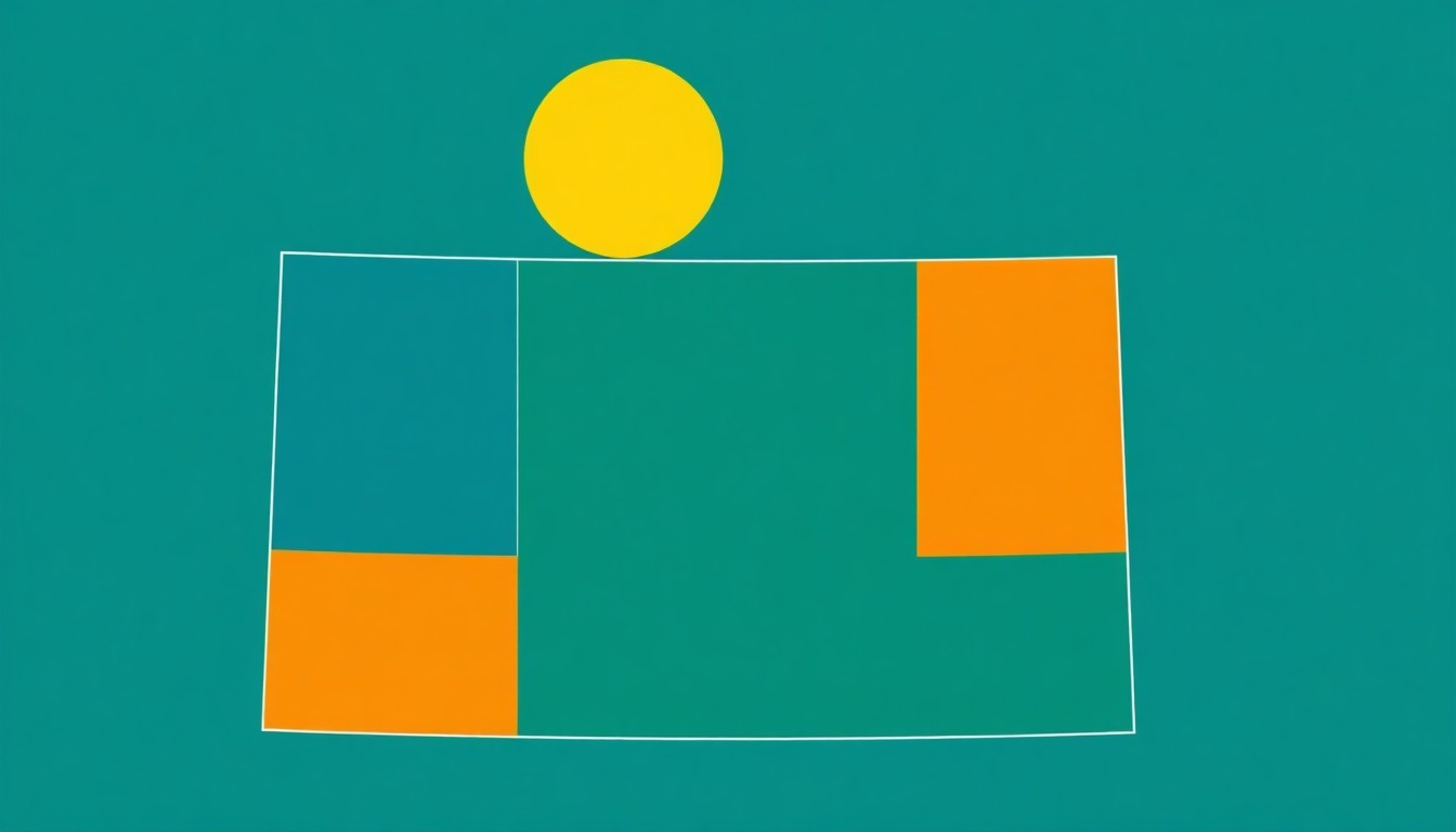 A vibrant abstract illustration using bold geometric shapes and primary colors to conceptually represent North Dakota's lower cost of living compared to other western states.