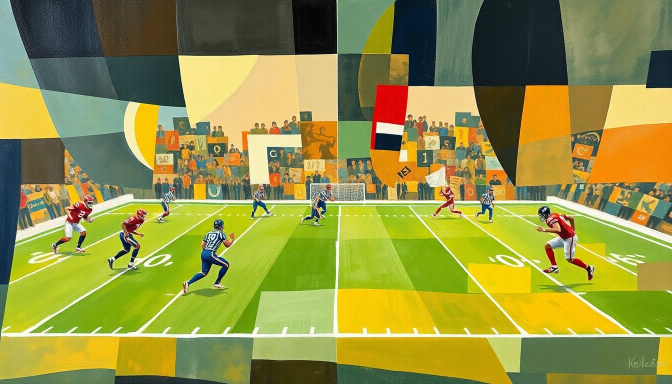 A cubist, geometric painting depicting a fragmented football game, with players and the field broken down into abstract shapes and planes of color, conveying the conceptual tension and competing perspectives in the debate over Tom Brady's comments.
