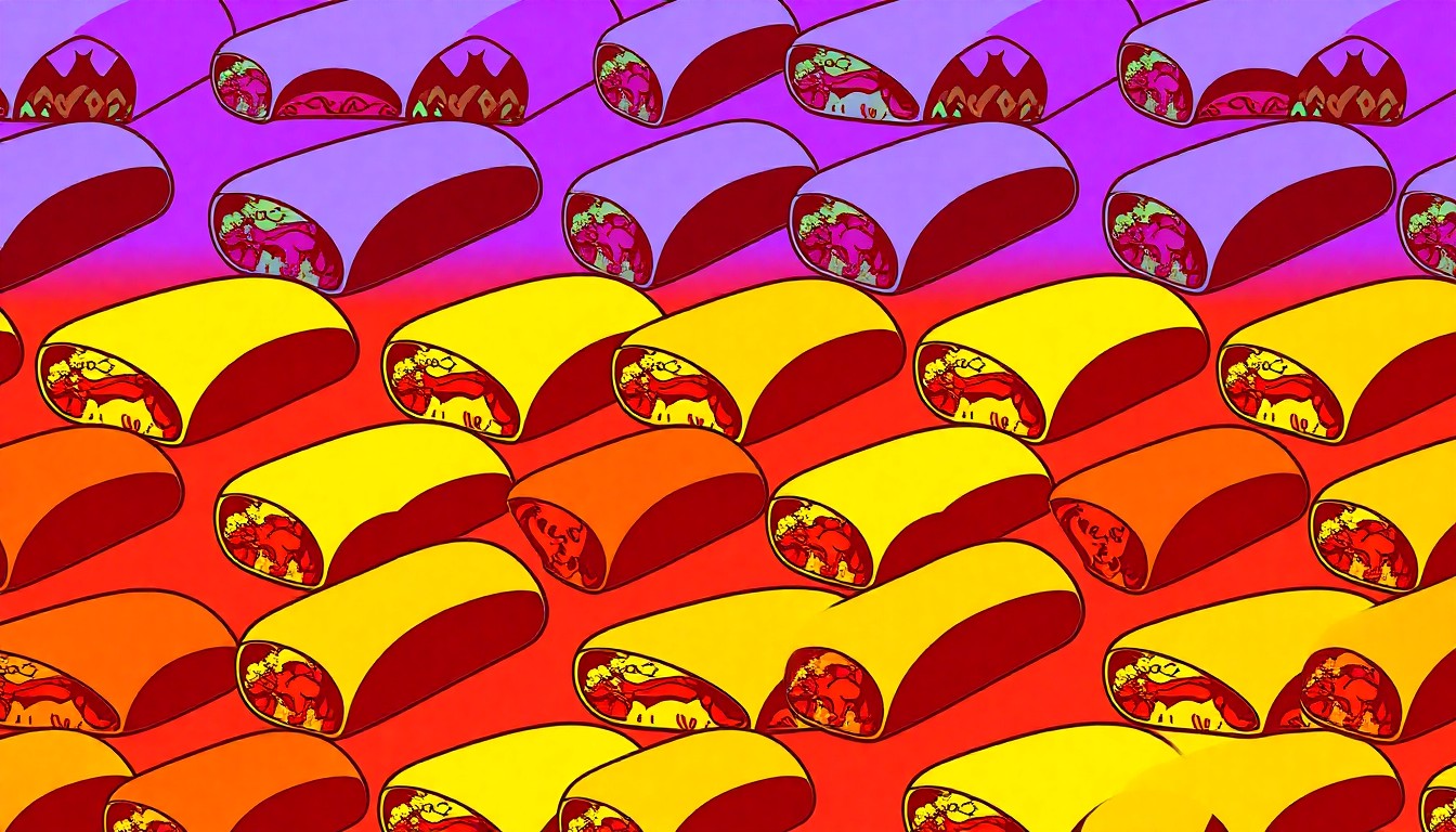 A bold, vibrant silkscreen-style illustration featuring a repeating pattern of a single, iconic burrito in neon colors and heavy black outlines, conceptually representing the signature dish that won Los Dos Molinos the title of best burrito in Phoenix.