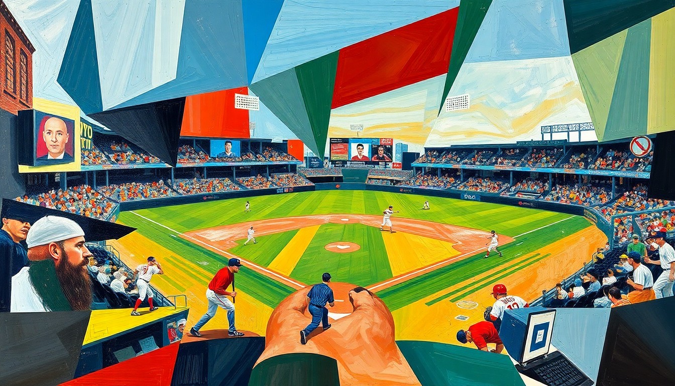 A fractured, geometric painting depicting a baseball game or match, with players and the field broken down into abstract shapes and planes of color, conveying the conceptual significance of a young player's landmark contract with the Pittsburgh Pirates.