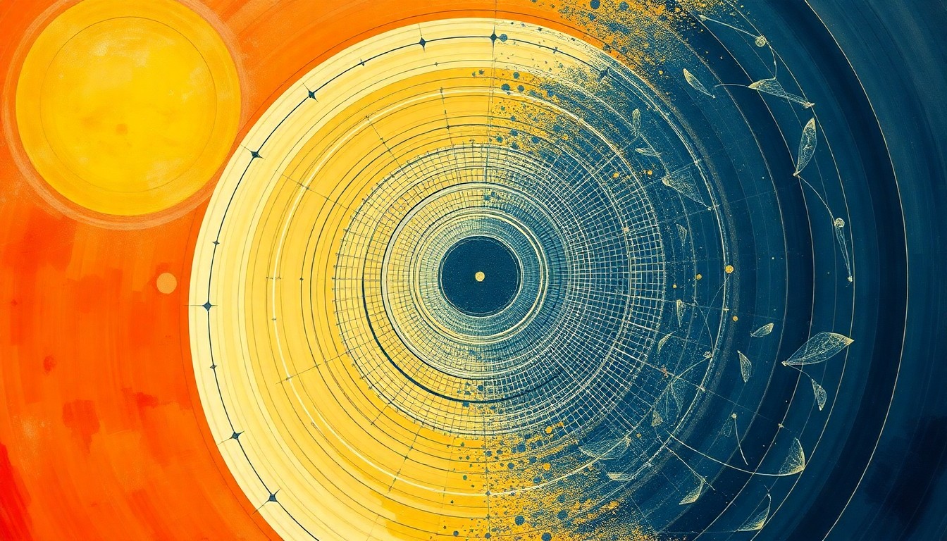 A highly abstract, geometric painting in soft, earthy tones featuring sweeping arcs, concentric circles, and intricate botanical spirals, representing the complex scientific forces and hidden beauty behind the rise of plug-in solar power systems.