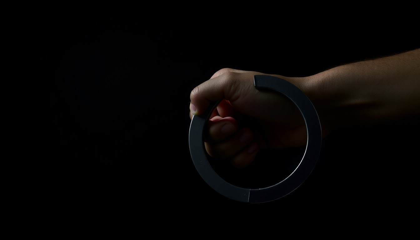 An extreme close-up photograph of a police handcuff against a pitch-black background, lit by a harsh, direct camera flash, conceptually representing the legal troubles facing former musician AJ Channer.