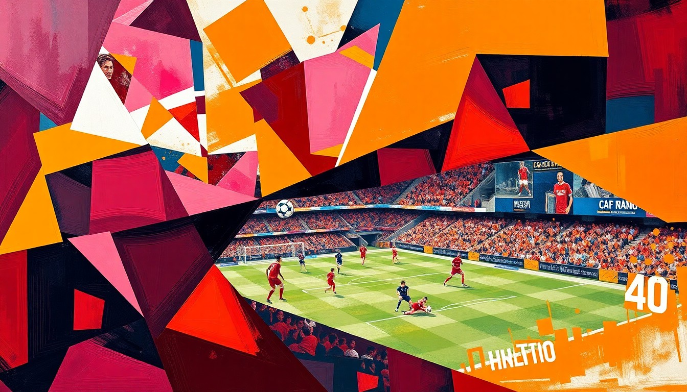 A fractured, cubist-inspired painting depicting the action and energy of a soccer match between the Colorado Rapids and Houston Dynamo, with sharp, overlapping geometric shapes and planes in vibrant burgundy and orange colors.