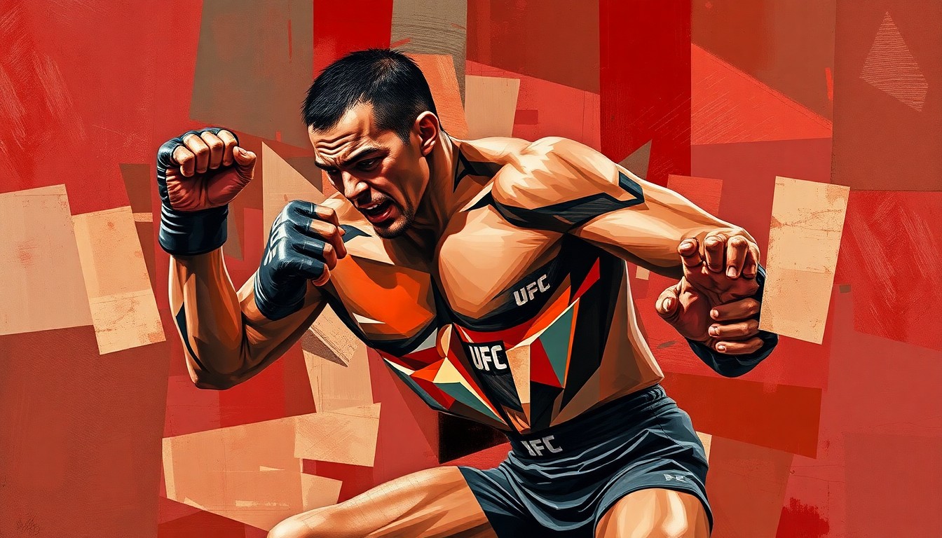 A cubist-style painting depicting a UFC heavyweight fighter in mid-action, with sharp, overlapping geometric planes in a palette of deep reds, browns, and grays, conceptually representing the fragility and complexity of a fighter's recovery process.