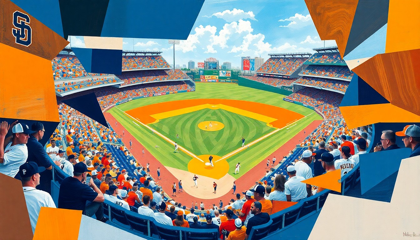 A cubist, geometric painting depicting a baseball game in motion, with overlapping planes of color representing the Padres and Pirates players and the dynamic action on the field.