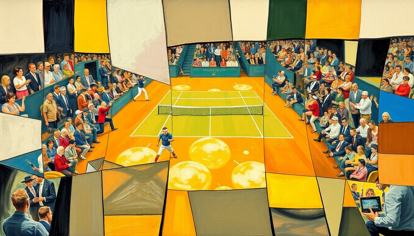 A cubist, geometric painting depicting a Billie Jean King Cup tennis match, with overlapping planes of color and shape representing the dynamic action and unexpected outcome of the contest.