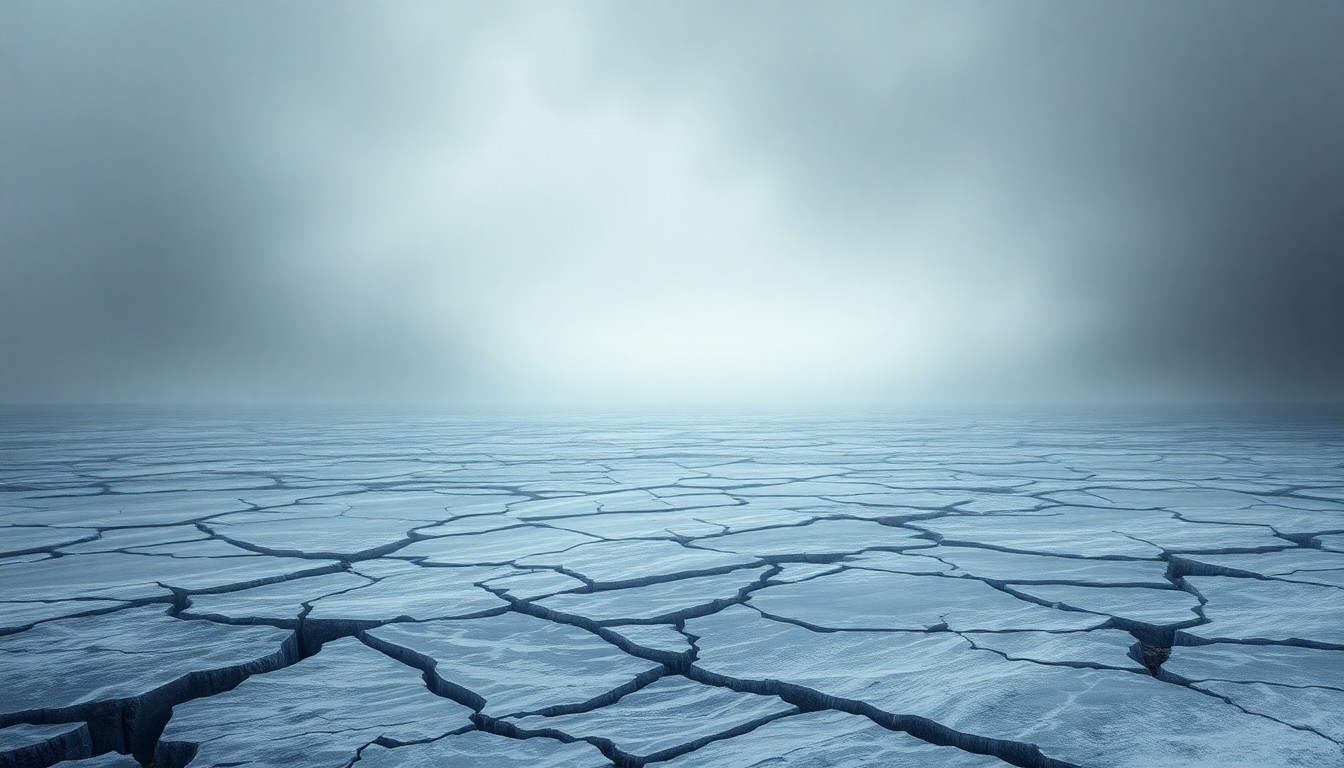 A vast, atmospheric landscape painting in muted tones of gray, blue, and white, depicting a frozen, cracked expanse of ice with a distant, hazy horizon obscured by heavy fog, conveying a sense of the overwhelming power of nature and the fragility of human infrastructure.