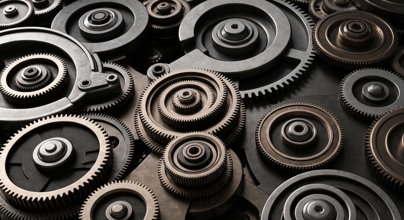 An extreme close-up of complex, interlocking banking machinery and gears in shades of steel grey, bronze, and black, conceptually representing the institutional financial infrastructure behind personal finance platforms.