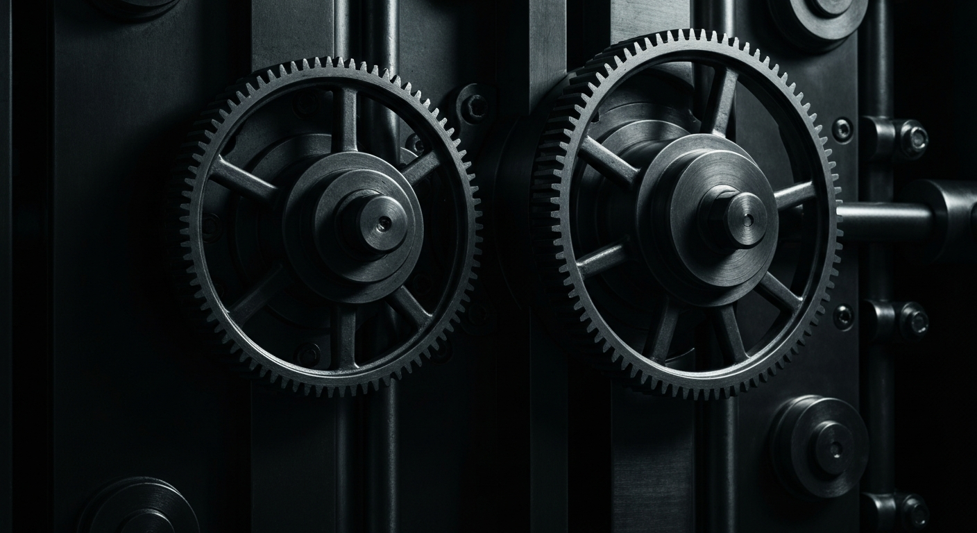 An extreme close-up of the complex, interlocking machinery of a heavy-duty bank vault door, conveying a sense of institutional financial security and power through its industrial, textured aesthetic.