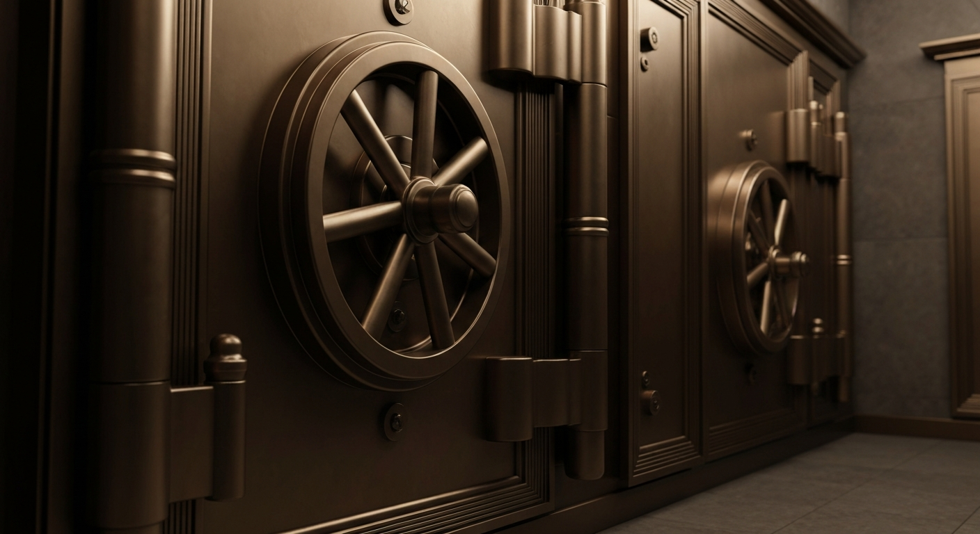 An extreme close-up of intricate, industrial-looking banking equipment and vault doors, conveying a sense of security, stability, and financial power without using any text or symbols.