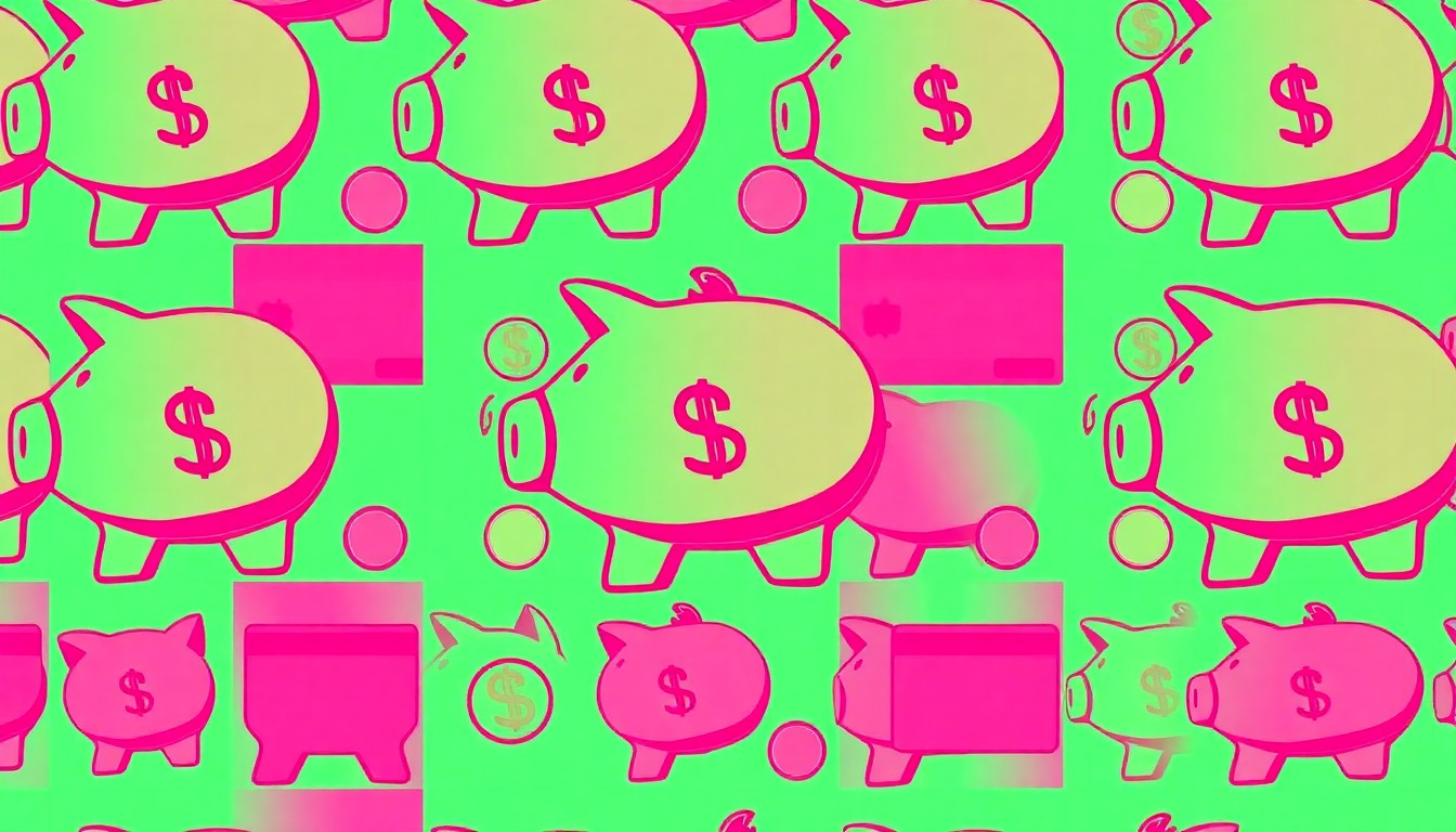 A high-contrast, silkscreen-style illustration featuring a repeating grid of a single iconic money-related object, such as a piggy bank or credit card, rendered in a vibrant, neon color palette to conceptually represent the value of teaching kids about personal finance.