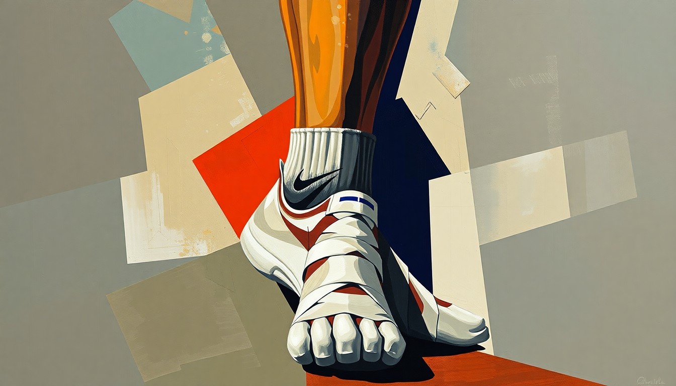 A cubist, geometric painting depicting a basketball player's ankle in a twisted, fractured state, representing the injury challenges facing the Phoenix Suns.
