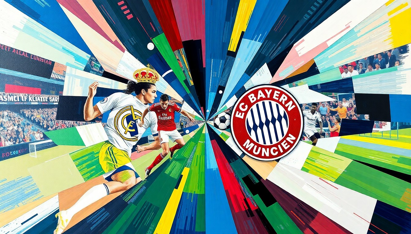 A fragmented, geometric painting depicting a Champions League soccer match between Real Madrid and Bayern Munich, with the players and field broken down into sharp, overlapping planes of color and shape.