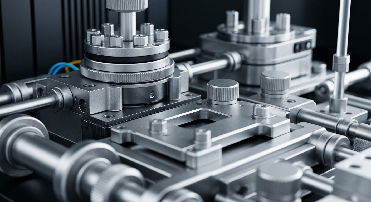 An extreme close-up photograph of complex, highly engineered biotech laboratory equipment, conveying a sense of scientific innovation and technological advancement without any text or identifying marks.