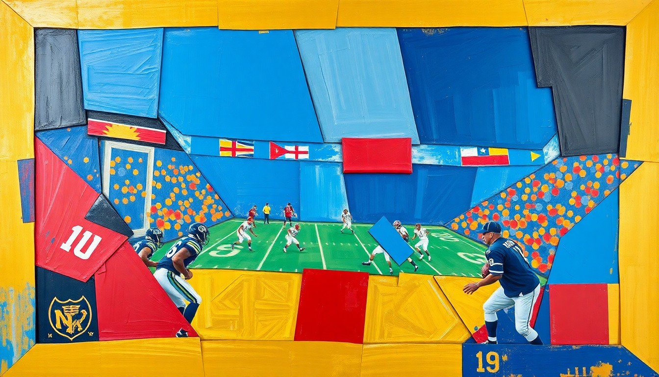A cubist, geometric painting depicting fragmented, overlapping shapes and planes in shades of blue, red, and gold, representing the dynamic energy and strategic maneuvering of a coaching hire.