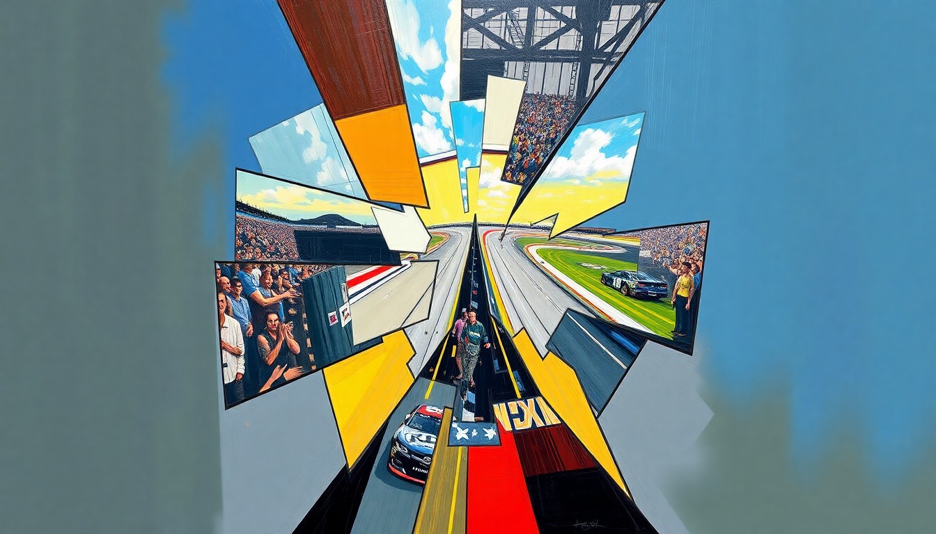 A cubist, geometric painting depicting a NASCAR race at Bristol Motor Speedway, with the action broken down into sharp, overlapping planes of color and shape.