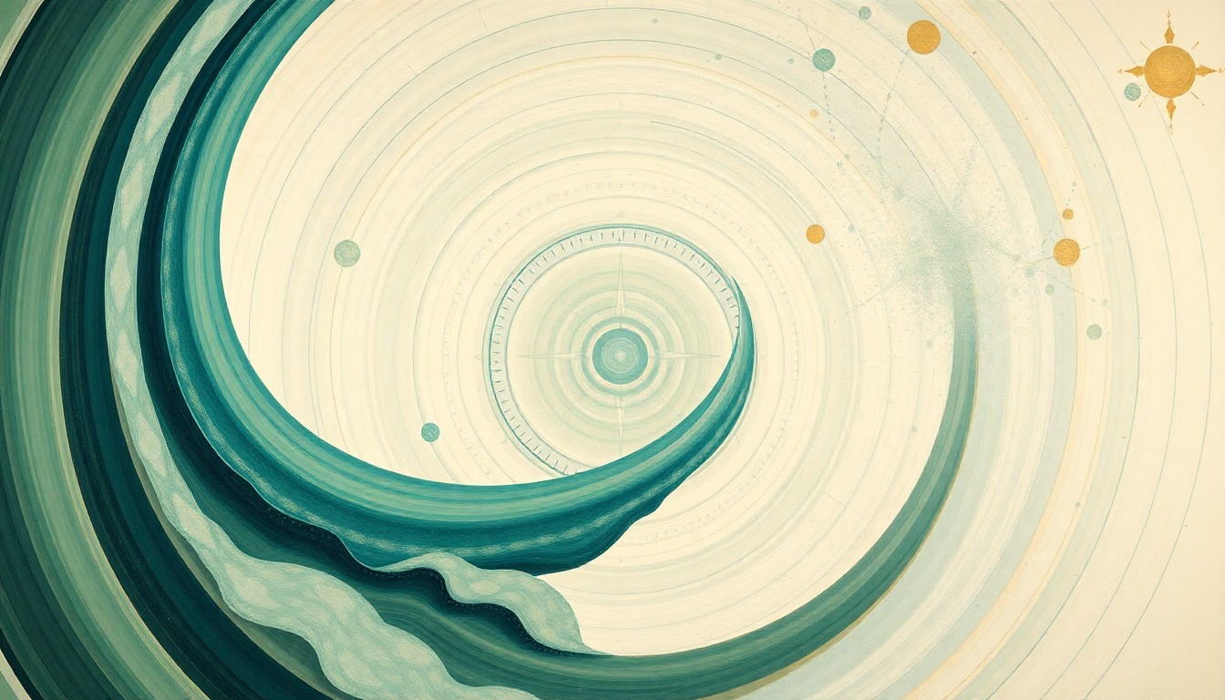 An abstract, highly structured painting in muted tones of green, blue, and brown, featuring sweeping geometric arcs, concentric circles, and precise botanical spirals, conceptually representing the complex scientific forces and natural history of the Arctic region explored by Professor Marshall.