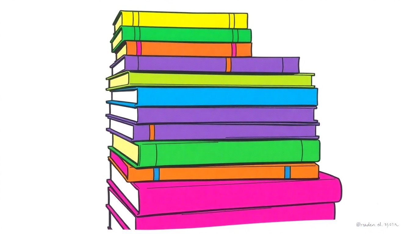 A brightly colored, high-contrast silkscreen print of a stack of school textbooks repeated in a tight grid pattern, using a vibrant neon color palette with heavy black photographic outlines to conceptually represent the changing landscape of public education in Pasadena.
