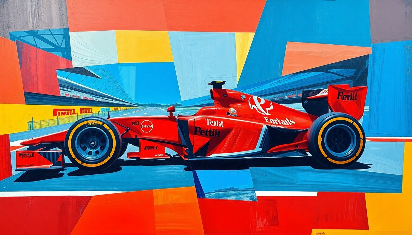 A fragmented, geometric painting depicting a Formula 1 car and race track, broken down into sharp, overlapping planes of color, conveying the complex technical and strategic nature of the sport.