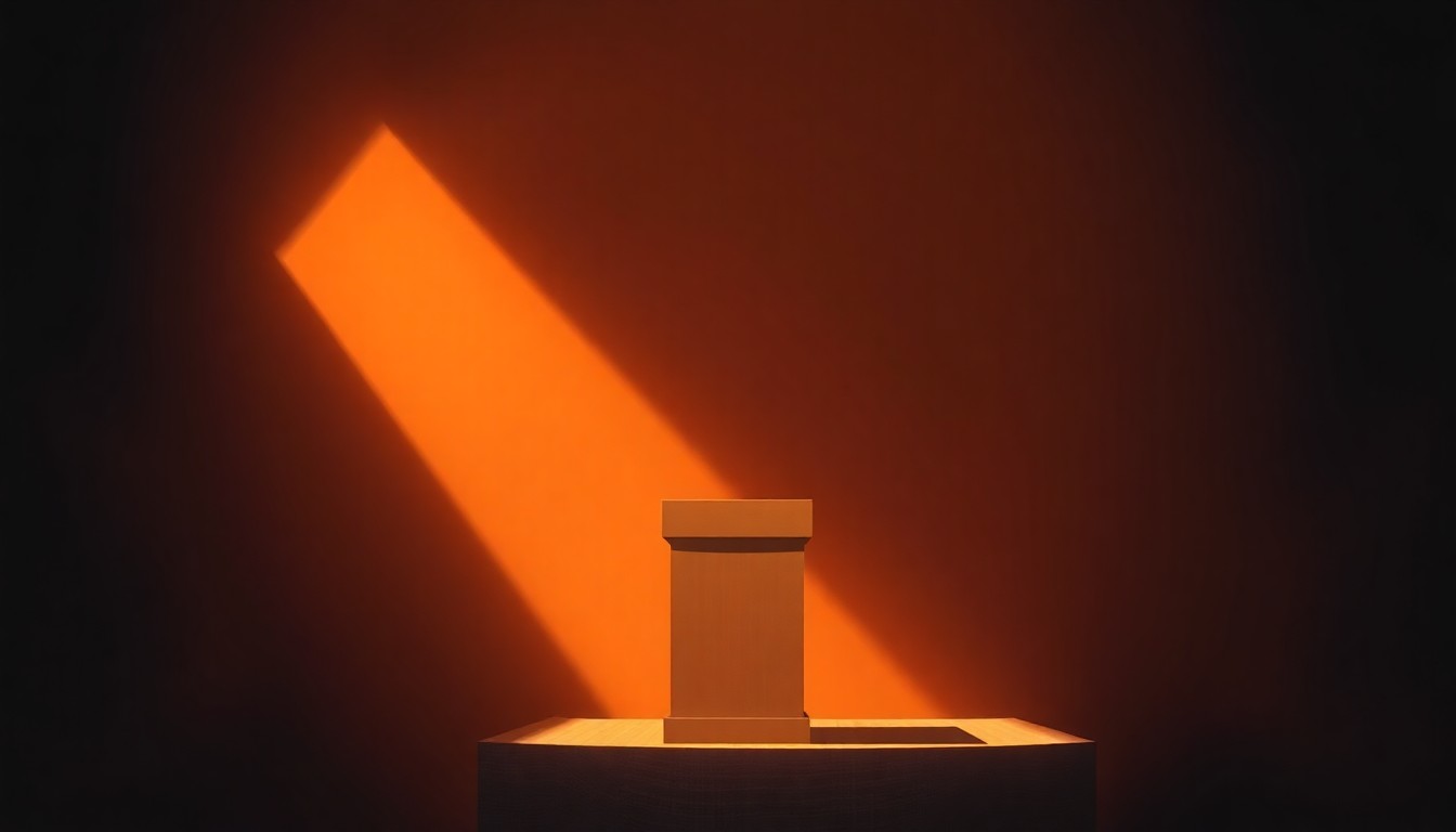 A dimly lit, cinematic painting of an empty political podium or lectern, with warm sunlight streaming in from the side and deep shadows cast across the surface, conveying a sense of solitude and missed opportunity.