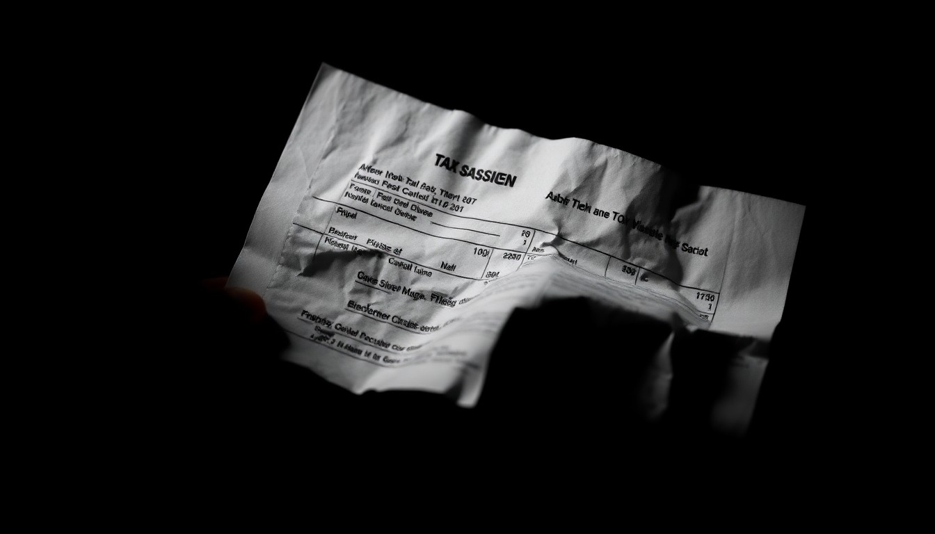 An extreme close-up of a crumpled tax form or receipt, lit by a harsh, direct camera flash against a pitch-black background, conceptually illustrating the investigative nature of uncovering a tax refund fraud scheme.