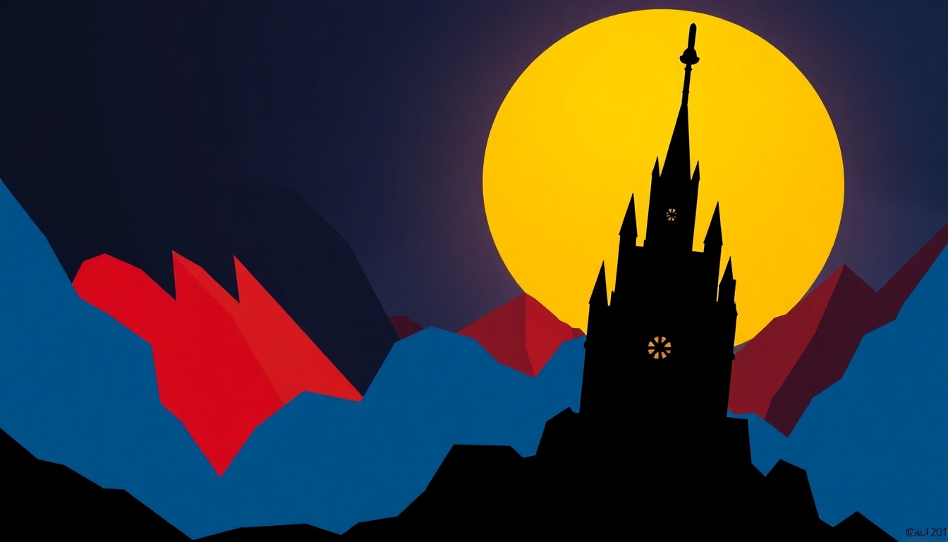 A bold, abstract illustration featuring stark, jagged geometric shapes in vibrant primary colors, conceptually representing the iconic Masters of the Universe franchise.