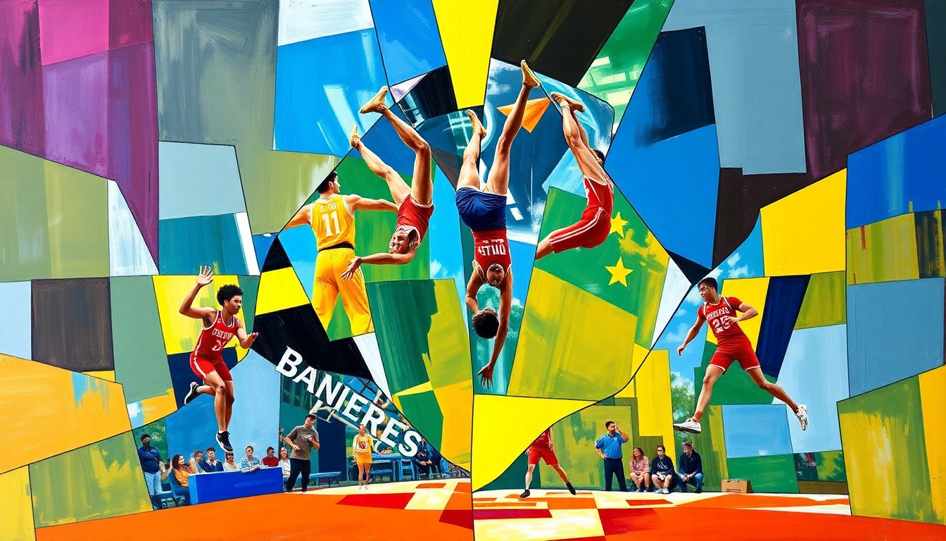 A fragmented, geometric painting depicting an acrobatics and tumbling competition, with sharp planes of color representing the athletes' movements and uniforms.