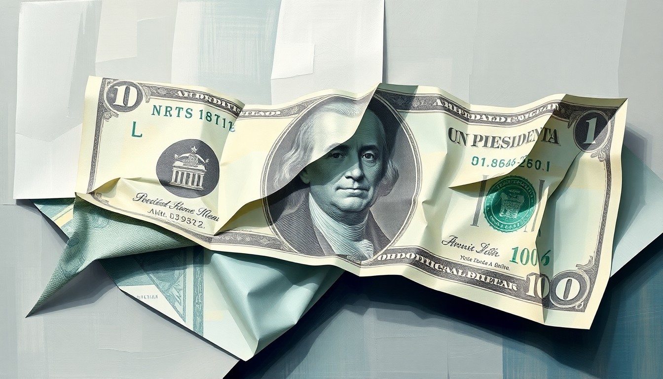 An abstract, fragmented painting of a U.S. dollar bill in muted, overlapping geometric shapes, conceptually representing the divisive political debate over placing a former president's name on American currency.