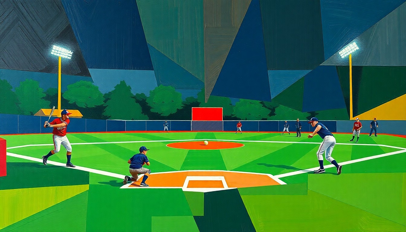 A fragmented, cubist-style painting depicting a high school softball game, with the players and field broken down into sharp, overlapping geometric shapes in a vibrant color palette, conceptually representing the competitive and unpredictable nature of the conference.