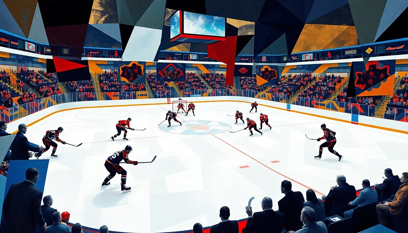 A fractured, cubist-style painting depicting the chaotic action of a hockey game, with players and the puck represented as abstract geometric shapes and angles against a deconstructed arena backdrop.
