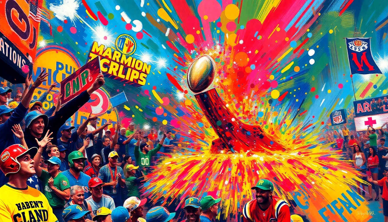 A vibrant, textured painting in neon colors depicting the frenetic energy and joy of a championship parade, with indistinct figures and shapes representing players, fans, and floats.