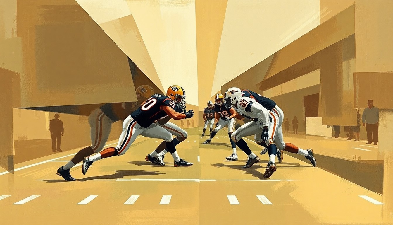 A fractured, cubist-style painting depicting a college football defensive play, with sharp geometric shapes in muted earth tones representing the players and action on the field.