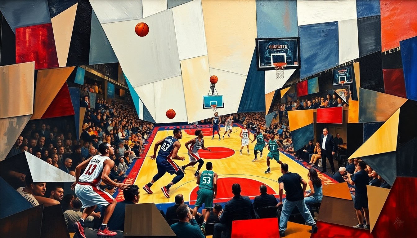 A fractured, multi-perspective painting depicting the intense action of a basketball game between the Detroit Pistons and Charlotte Hornets, with the players' movements and the game's energy captured through sharp, overlapping geometric planes in a cubist style.
