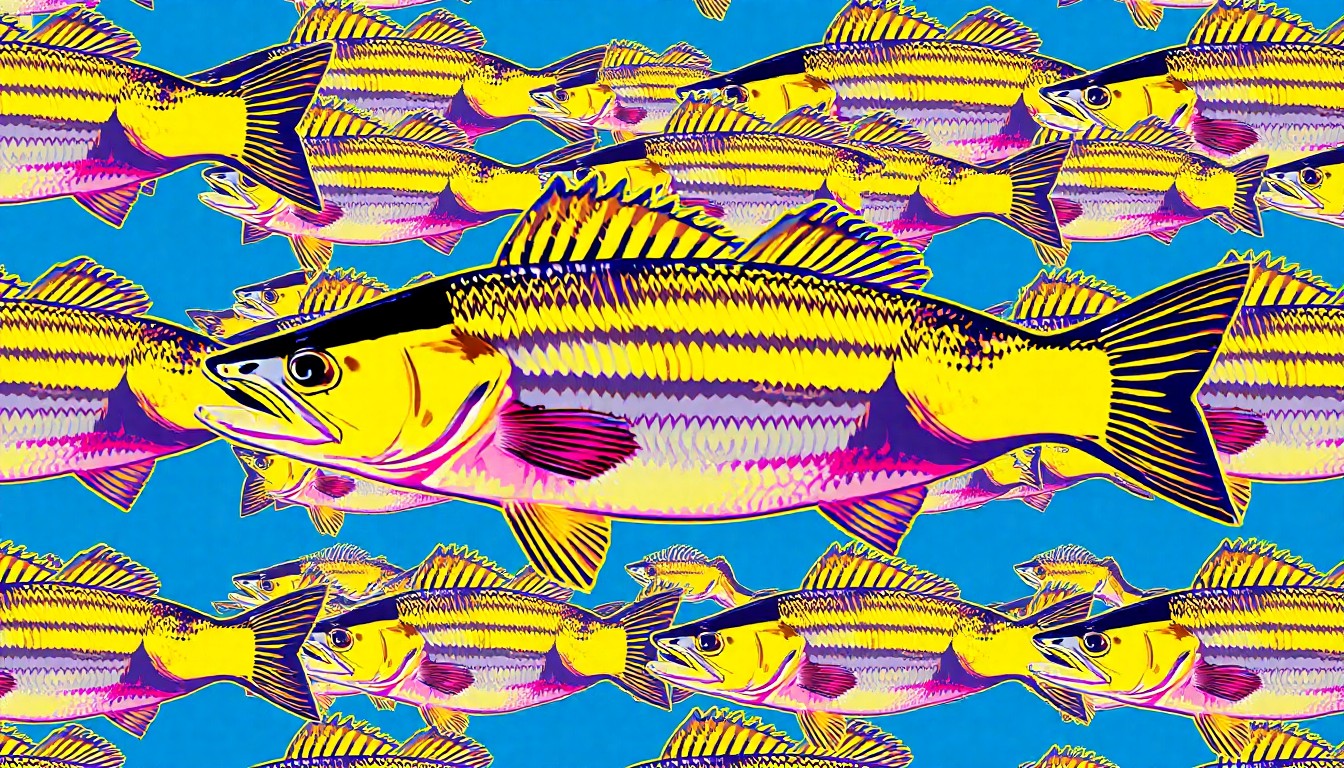 A brightly colored, high-contrast silkscreen print of a single, iconic striped bass repeated in a tight grid pattern, utilizing flat, vibrant, and unnatural neon color palettes overlapping with heavy black photographic outlines to turn the everyday recreational fish into modern pop art.