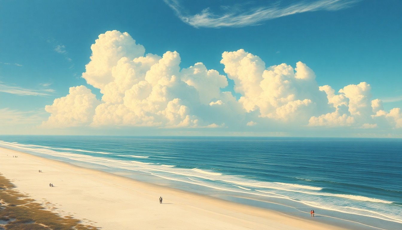 A sweeping, atmospheric landscape painting depicting a tranquil, sunny scene over the Atlantic Ocean and Daytona Beach's sandy coastline, conveying the sublime scale and serene mood of the pleasant weather.