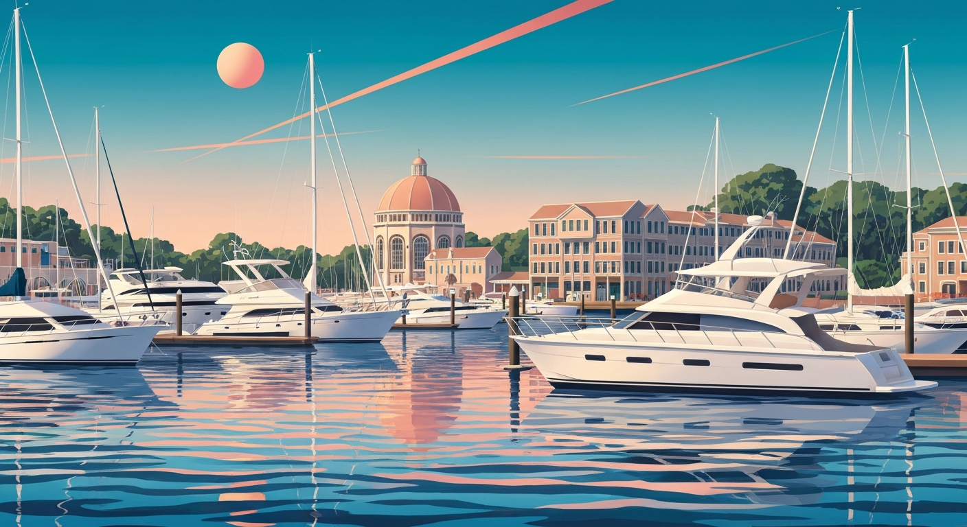 A highly stylized, geometric illustration depicting the towering architecture and sleek boats of the Catawba Island Boat Show, rendered in bold, airbrushed gradients that capture the event's grand scale and celebratory spirit.