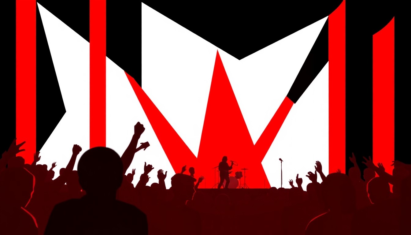 A striking black and red abstract illustration featuring bold, jagged geometric shapes and silhouettes, conceptually representing the classic rock concert experience at Rams Head On Stage.