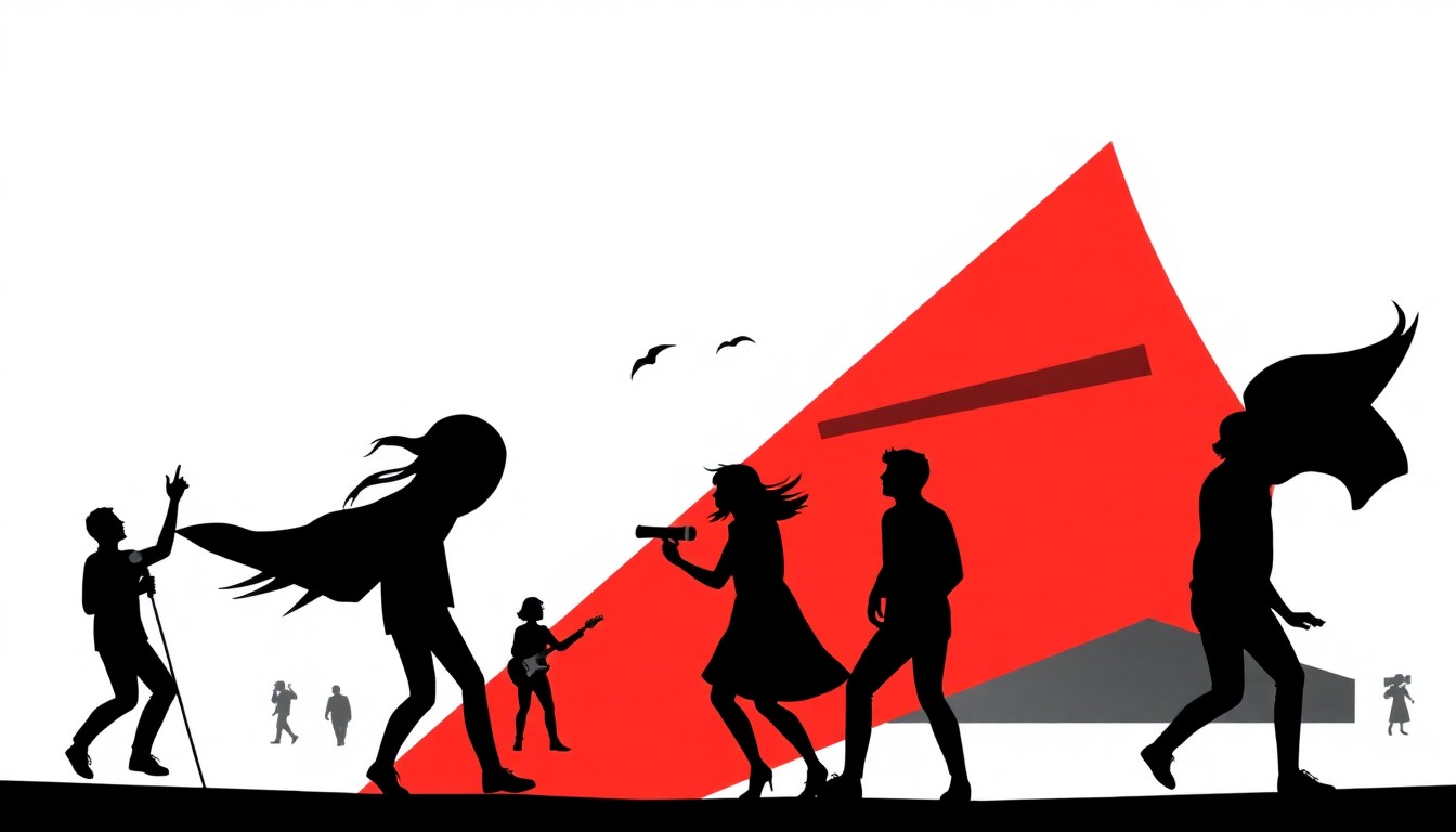 An abstract, minimalist illustration featuring bold, jagged black silhouettes against a bright red background, conceptually representing the disruption of a music festival by strong winds.